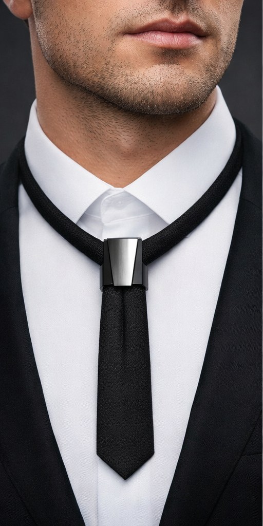 Man in a black suit wearing the Knotless tie with a steel clasp